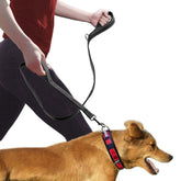 Black Pet Double Handle Pull Leash with reflective nylon and metal buckle