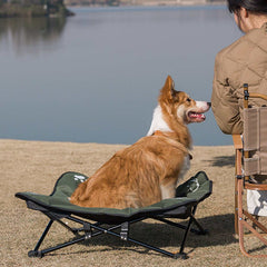 Outdoor pet bed with aluminum alloy frame and washable Oxford cloth, foldable and durable for camping and indoor use